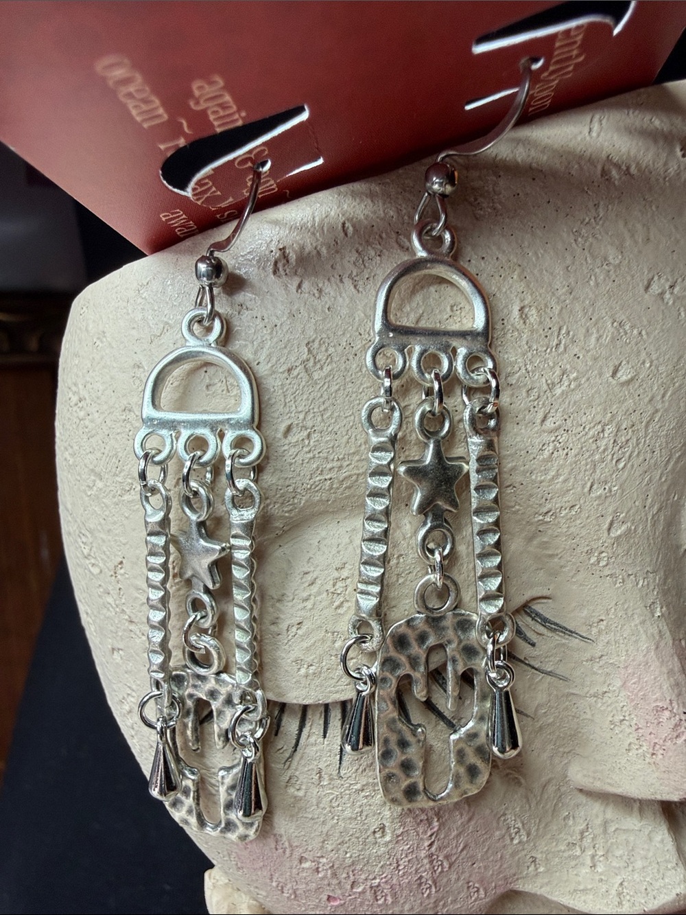 Silver Star & Textured Charm Dangle Earrings - Women Jewelry